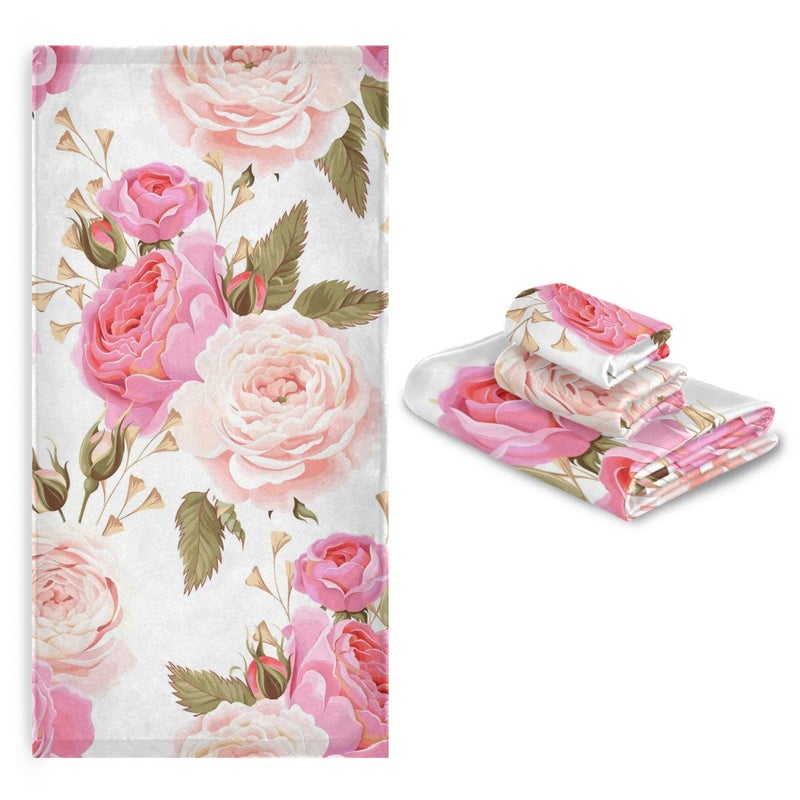 susiyo 3 Piece Bath Towel Set, Soft Highly Absorbent Bathroom Towels Beautiful Floral Pink Roses Fashion Print Quality Towels (Set of 3, 1 Bath Towel, 1 Hand Towel & 1 Washcloth) - Image 1